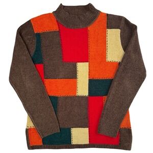 Colorblock Patchwork Chenille Sweater Womens Small Mock Neck Tabi